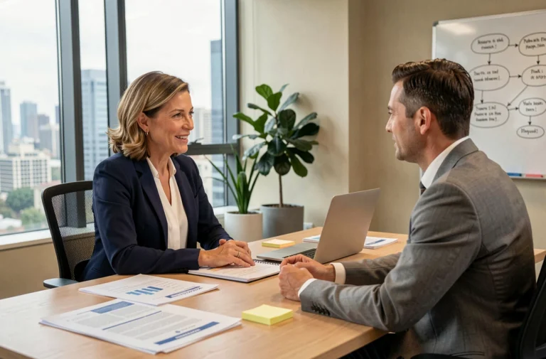 Consultante business et entrepreneur en réunion stratégique dans un bureau moderne pour un accompagnement professionnel