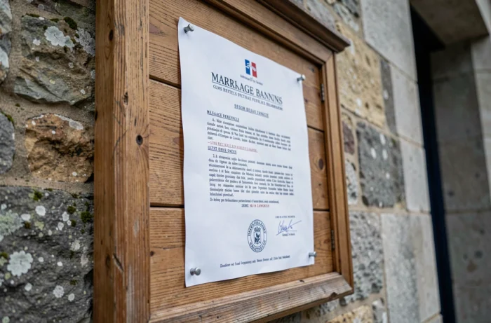 Affiche officielle de publication des bans de mariage sur le panneau d'une mairie bretonne