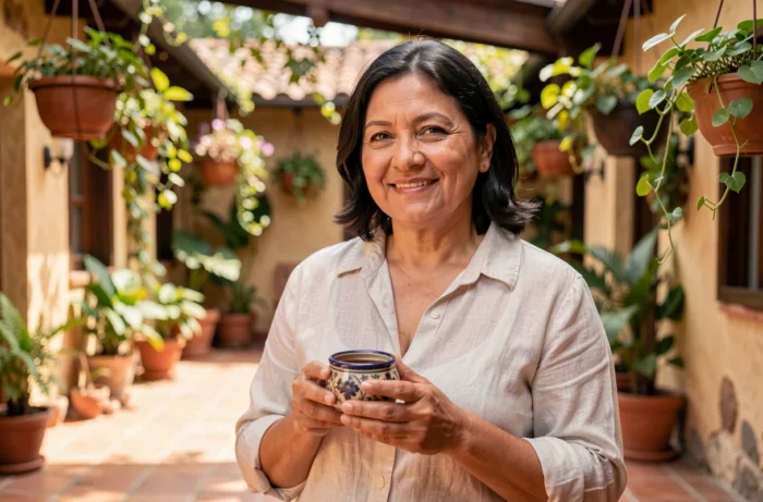 Femme d'âge moyen souriante tenant une tasse traditionnelle d'aguardiente sur une terrasse ensoleillée de hacienda