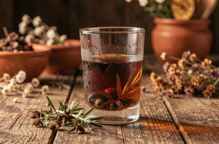 Verre d'aguardiente avec graines d'anis et herbes aromatiques sur une table en bois rustique dans une cuisine colombienne traditionnelle