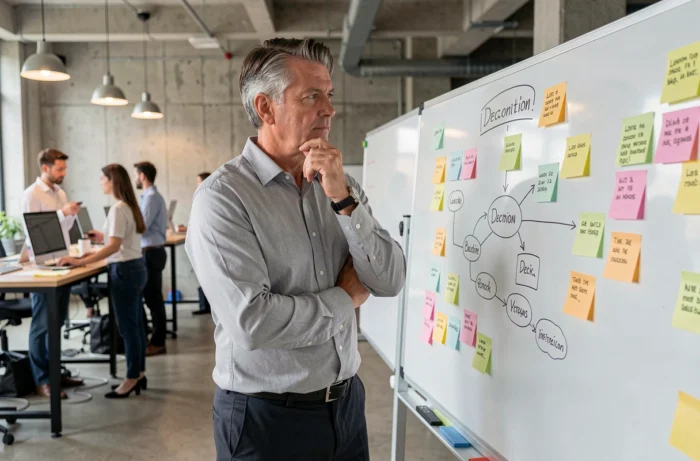 Homme d'affaires analysant un tableau de prise de décision dans un espace de travail collaboratif moderne