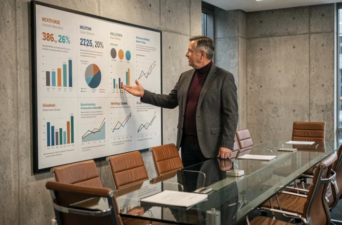 Homme d'affaires analysant des graphiques de richesse et statistiques économiques dans une salle de conférence moderne