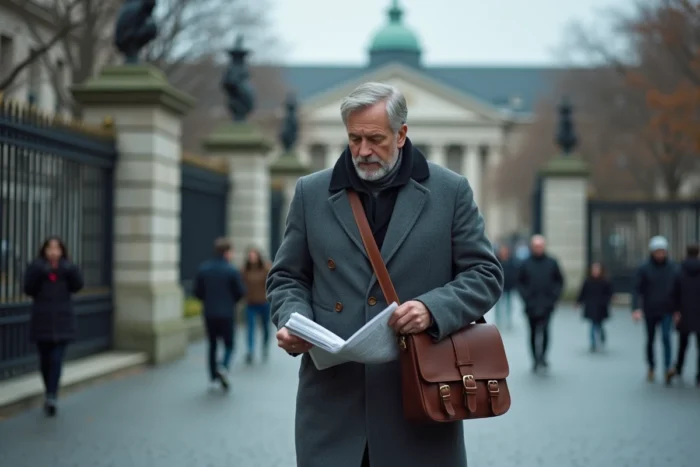 Homme politique ou analyste traversant la cour d'un bâtiment gouvernemental avec un journal sous le bras en automne