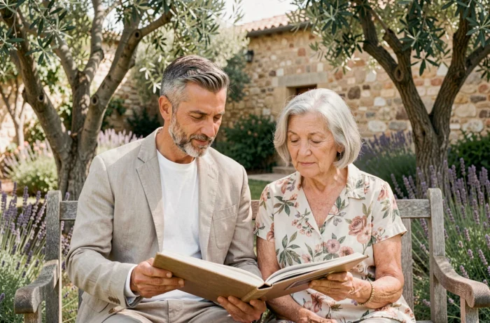 Un homme et une femme âgée feuilletant ensemble un album photo de famille dans un jardin provençal avec oliviers et lavande, évoquant la transmission des origines familiales