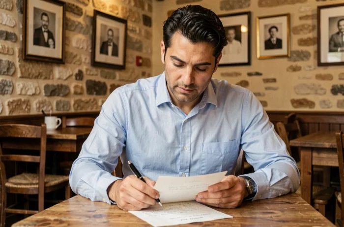 Portrait d'un homme aux traits méditerranéens consultant des documents généalogiques familiaux dans un café bistro français au décor vintage