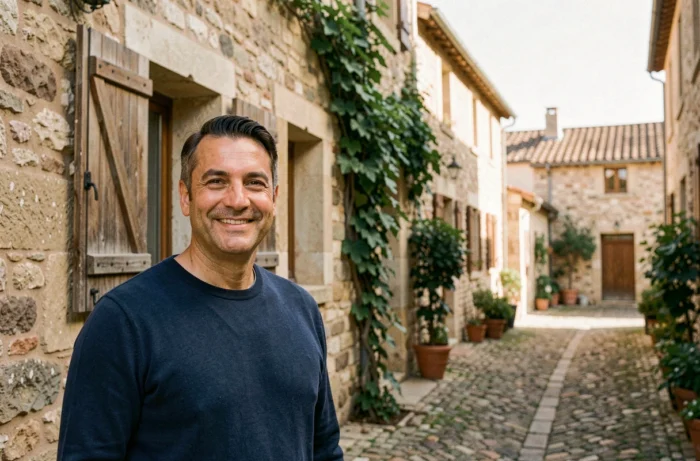 Homme souriant devant une maison en pierre typique d'un village du sud de la France évoquant les origines familiales italiennes ou méditerranéennes