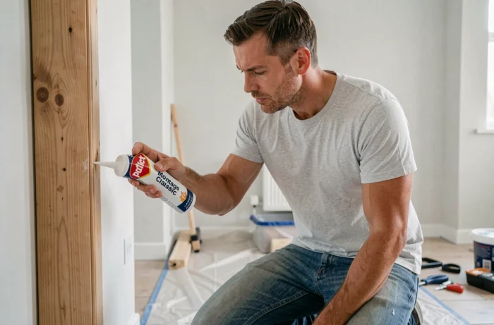 Homme appliquant de la colle Pattex Montage Classic sur une plinthe en bois lors de travaux de rénovation intérieure