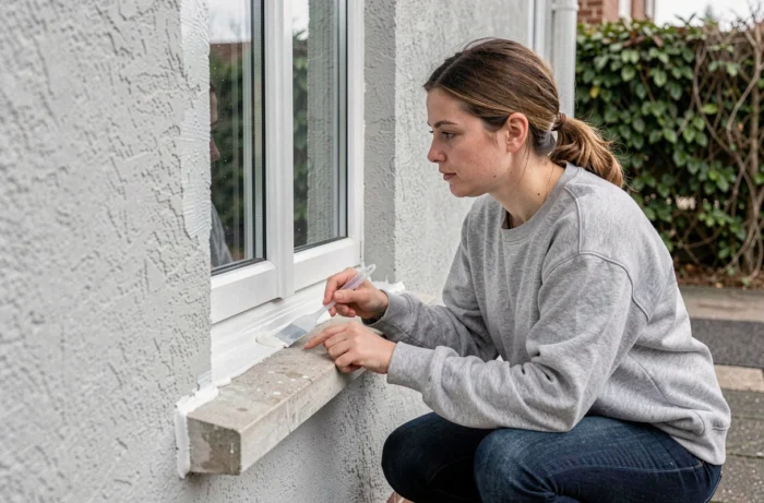 Femme appliquant un joint de mastic blanc sur le pourtour extérieur d'une fenêtre PVC sur façade enduite, travaux d'étanchéité maison