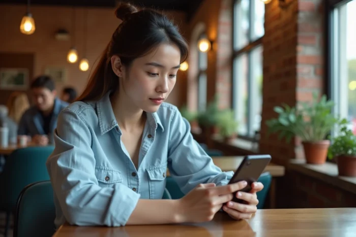 Jeune femme utilisant une application de traduction gratuite sur smartphone dans un café
