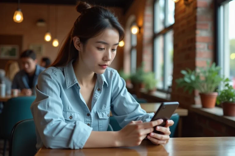 Jeune femme utilisant une application de traduction gratuite sur smartphone dans un café