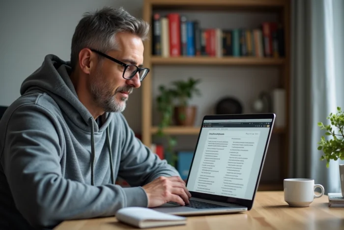 Homme utilisant une application de traduction en ligne sur ordinateur portable dans un bureau à domicile