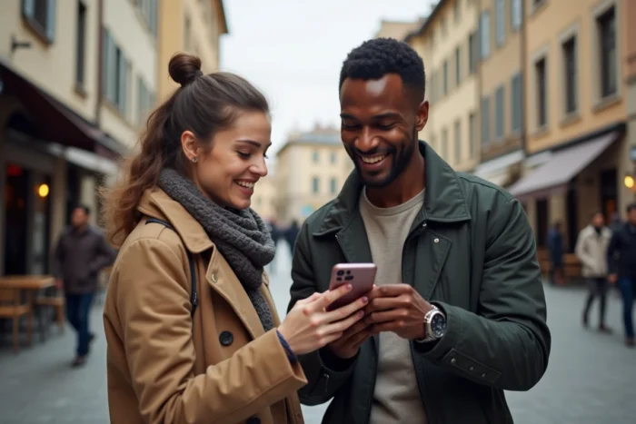 Deux personnes utilisant une application de traduction gratuite en voyage à l'étranger sur smartphone