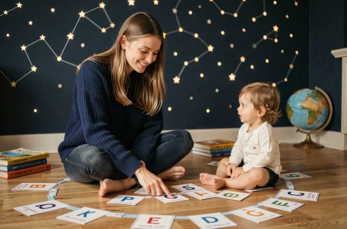 Jeune femme apprenant l'alphabet à un enfant avec des cartes illustrant des constellations, dans un salon décoré d'étoiles phosphorescentes