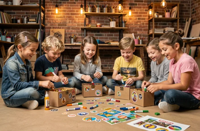 Enfants créant des coffres à trésor décorés lors d'un atelier créatif original pour fête d'anniversaire en intérieur