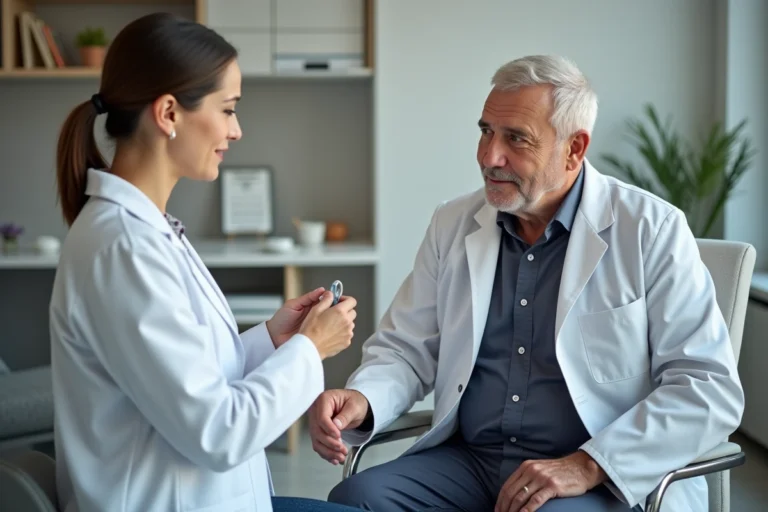 Audioprothésiste ajustant une aide auditive sur un patient senior dans un cabinet moderne à Combs-la-Ville