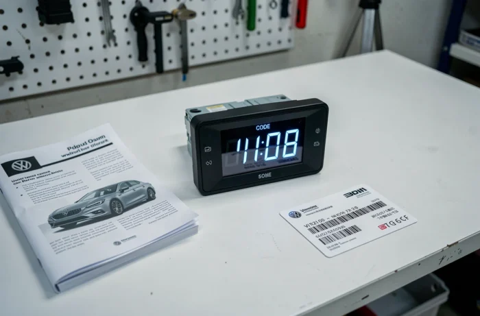 Autoradio Volkswagen déposé sur un établi avec le manuel et le code VIN pour déverrouillage