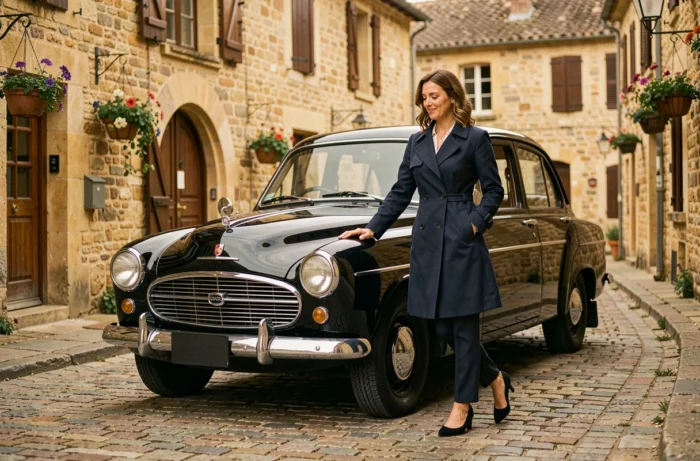 Femme en manteau bleu marine effleurant le capot d'une berline vintage noire des années 50 sur une rue pavée d'un village médiéval du Périgord
