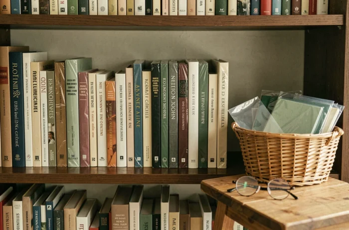 Rangée de livres protégés par des jaquettes en mylar sur une étagère de bibliothèque domestique bien organisée