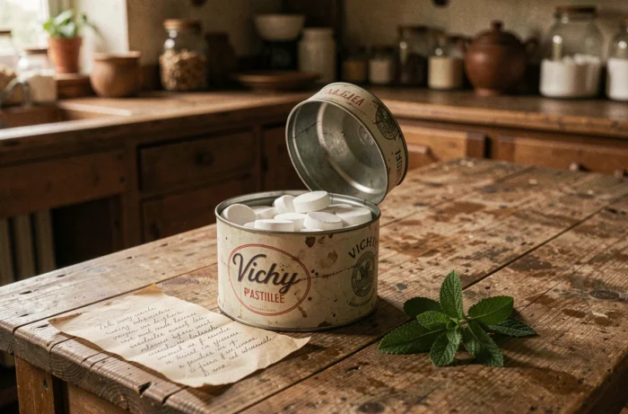 Boîte de pastilles de Vichy ancienne ouverte sur une table en bois rustique avec un brin de menthe séchée
