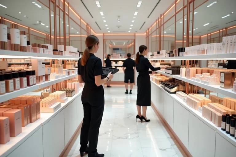 Intérieur d'une boutique beauté haut de gamme en France avec conseillère et cliente devant des rayons de produits cosmétiques