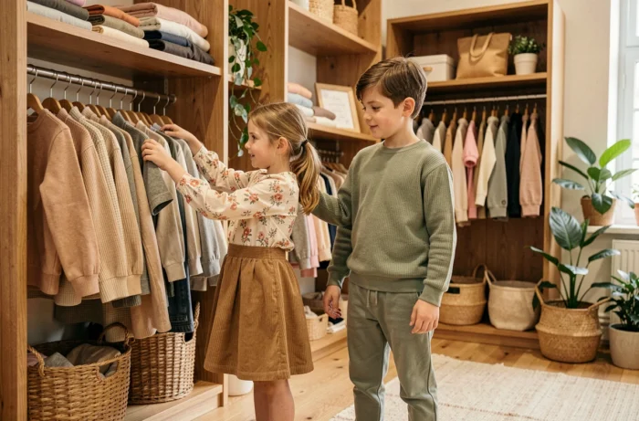 Deux enfants explorant un portant de vêtements dans une boutique de mode enfantine décorée avec soin, tendances et inspirations créatives pour enfants