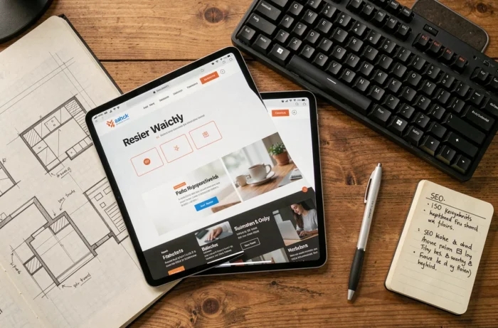 Vue aérienne d'un bureau de designer avec tablette, maquettes et notes pour créer un site web