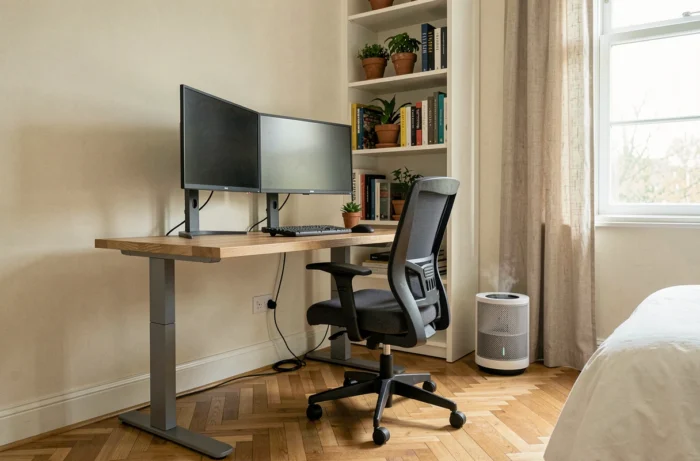 Bureau à domicile ergonomique avec double écran, bureau réglable en hauteur et purificateur d'air pour un espace de travail confortable en 2024