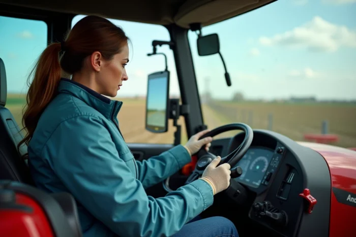 Agricultrice aux commandes de la cabine moderne d'un tracteur neuf avec tableau de bord numérique