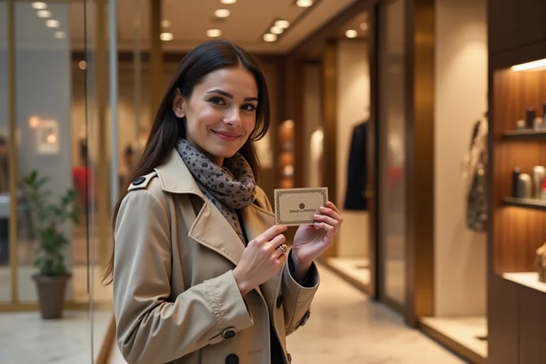 Femme tenant une carte cadeau Galeries Lafayette dans un grand magasin parisien élégant