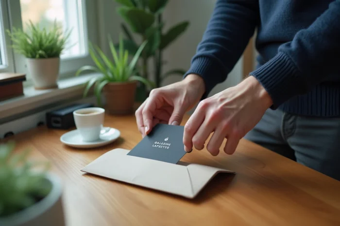 Homme glissant une carte cadeau Galeries Lafayette dans une enveloppe cadeau sur un bureau moderne