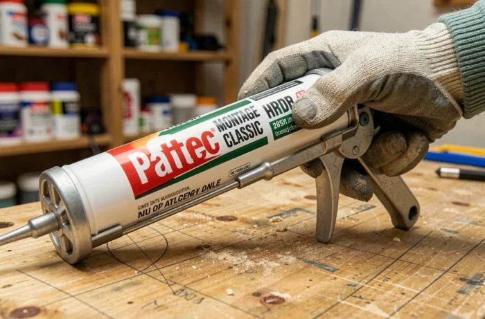 Gros plan sur la mise en place d'une cartouche de colle Pattex Montage Classic dans un pistolet à colle manuel sur un établi de bricolage