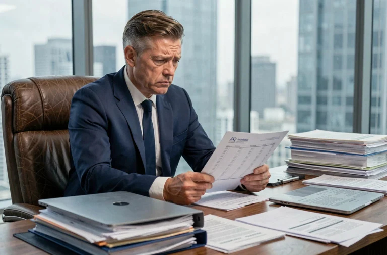 Chef d'entreprise examinant des documents de cessation de paiement dans un bureau moderne