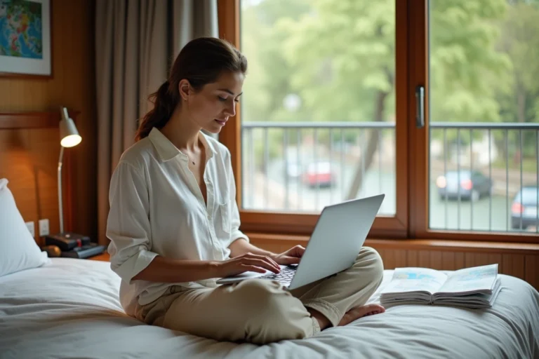 Femme consultant un site de réservation d'hébergement sur son ordinateur portable dans une chambre d'hôtel confortable