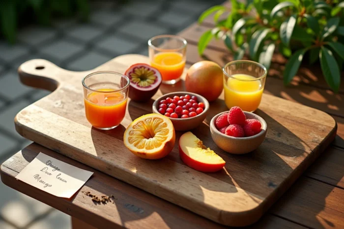 Planche en bois avec des fruits frais et trois petits bols de jus différents pour choisir le meilleur pour une salade