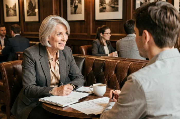 Coach business expérimentée en séance de coaching individuel avec un jeune entrepreneur dans un café professionnel