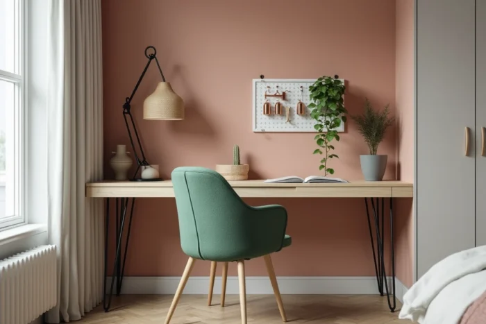 Coin bureau à domicile avec bureau en chêne, chaise en bouclé vert sauge et mur à la chaux dans un intérieur scandinave