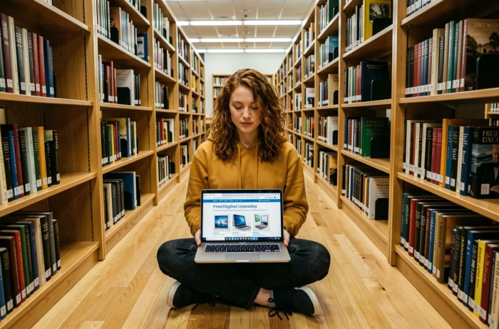 Jeune femme comparant des plateformes de bibliothèques numériques gratuites dans une grande bibliothèque universitaire