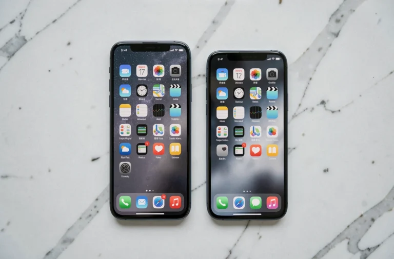 Comparaison taille iPhone 7 et iPhone 7 Plus posés côte à côte sur marbre blanc