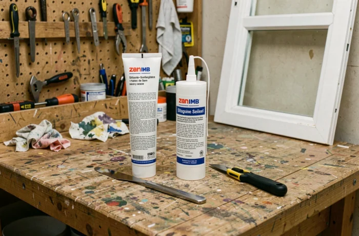 Comparaison entre un tube de silicone et une cartouche de mastic acrylique posés sur un établi d'atelier pour travaux d'étanchéité fenêtre