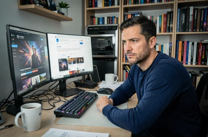 Homme comparant des services de streaming légaux et illégaux sur un double écran dans un bureau à domicile