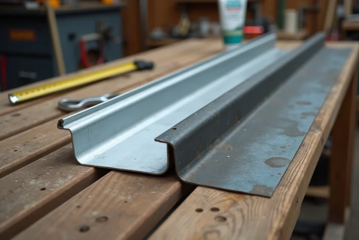 Comparaison de deux segments de gouttière en zinc côte à côte, l'un neuf et brillant, l'autre vieilli avec patine sombre et traces de corrosion