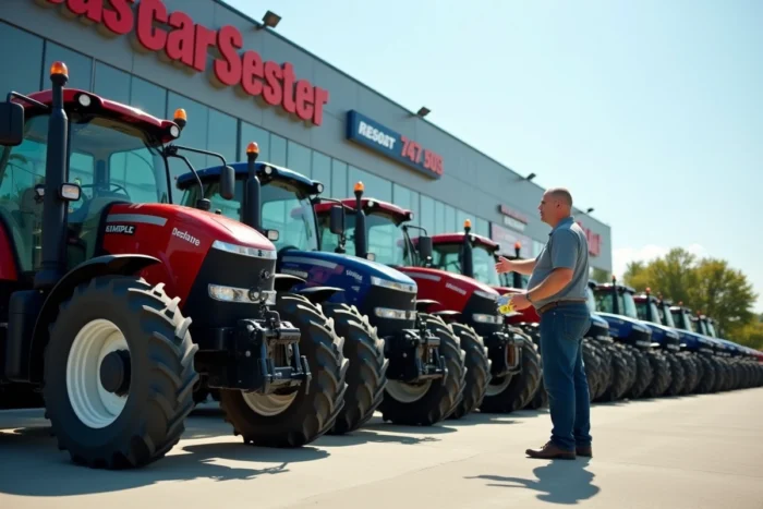 Rangée de tracteurs agricoles neufs exposés chez un concessionnaire avec un vendeur présentant les modèles