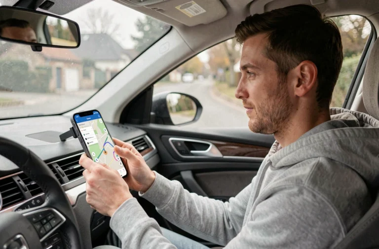 Conducteur utilisant Google Maps sur smartphone monté en voiture pour afficher les radars sur son itinéraire
