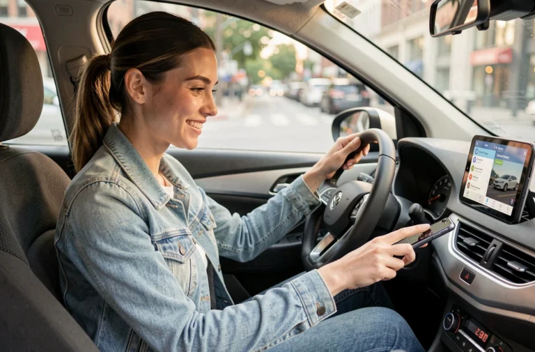 Conductrice souriante utilisant l'application Citygo dans sa voiture pour du covoiturage rentable