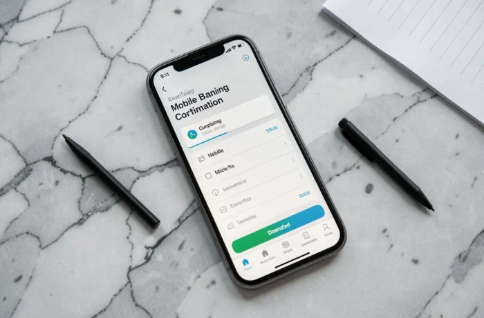 Smartphone affichant une confirmation de virement bancaire émis sur une surface en marbre gris