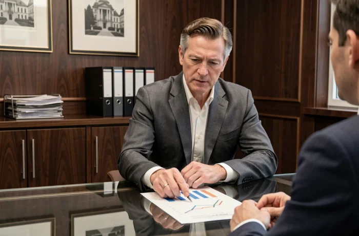 Conseiller financier en costume présentant des tendances du marché immobilier et du crédit à un client dans une salle de réunion haut de gamme