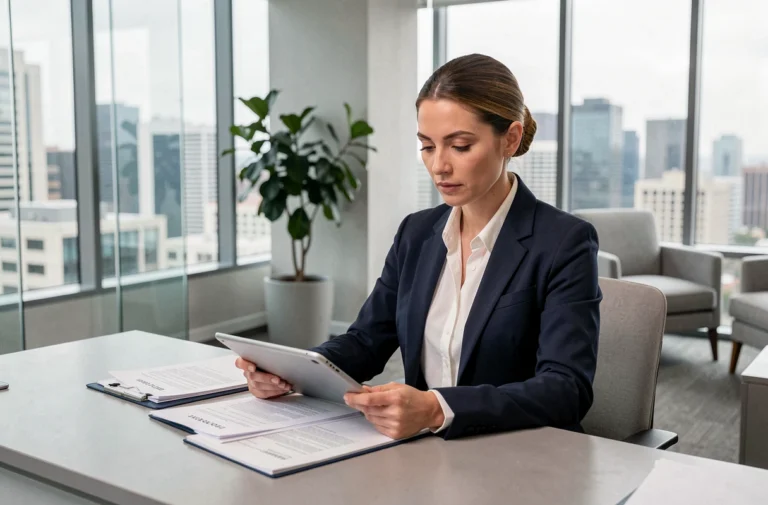 Conseillère bancaire analysant des documents de crédit immobilier dans un bureau moderne vitré avec vue sur la ville