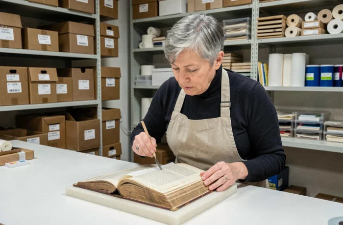 Conservatrice de livres appliquant un renfort de tissu japonais sur la tranche d'un ouvrage ancien dans un atelier de restauration professionnelle