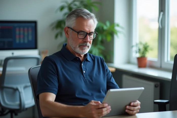 Coordinateur de soins consultant un dossier patient numérique sur tablette dans un bureau d'EHPAD pour optimiser la traçabilité