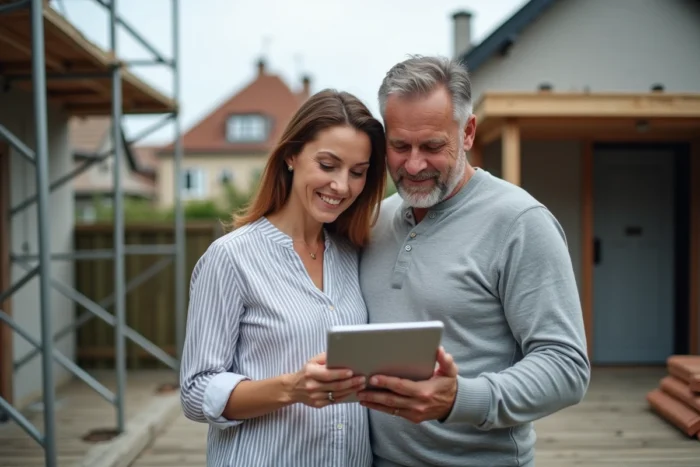Couple consultant un budget de travaux sur tablette sur une terrasse en rénovation financée par un prêt PEL